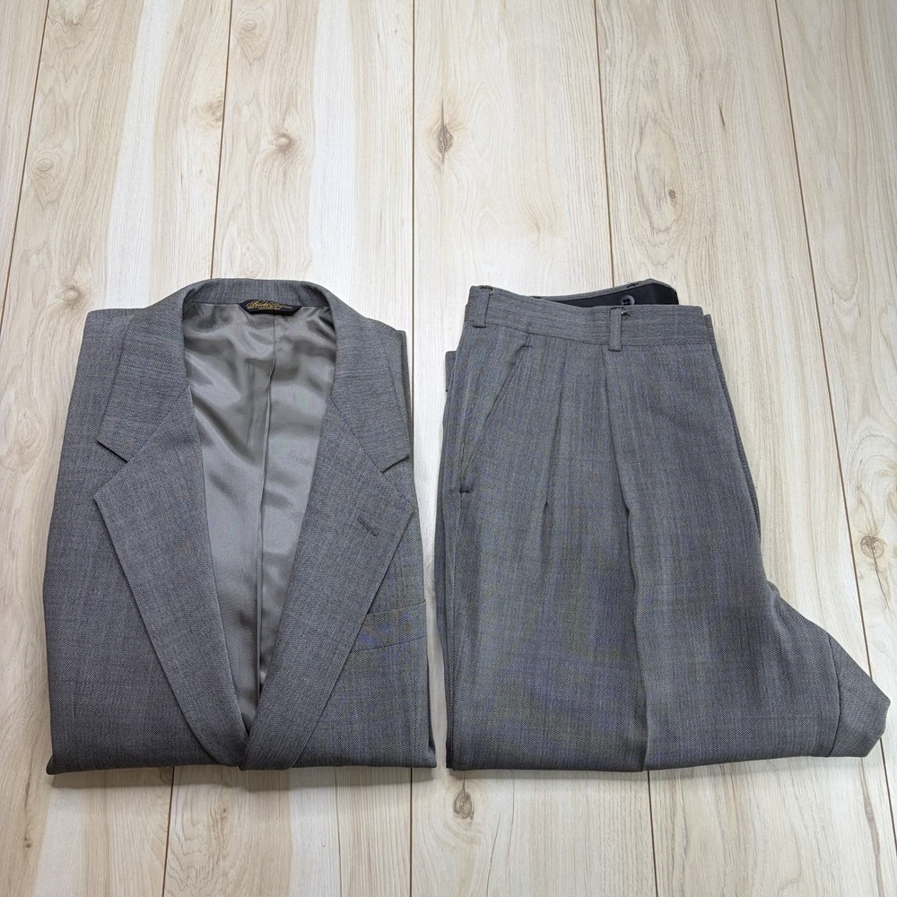 Brooks Brothers Gray Mini Houndstooth Wool 2-Piece Suit Pleated 42R 36x29
